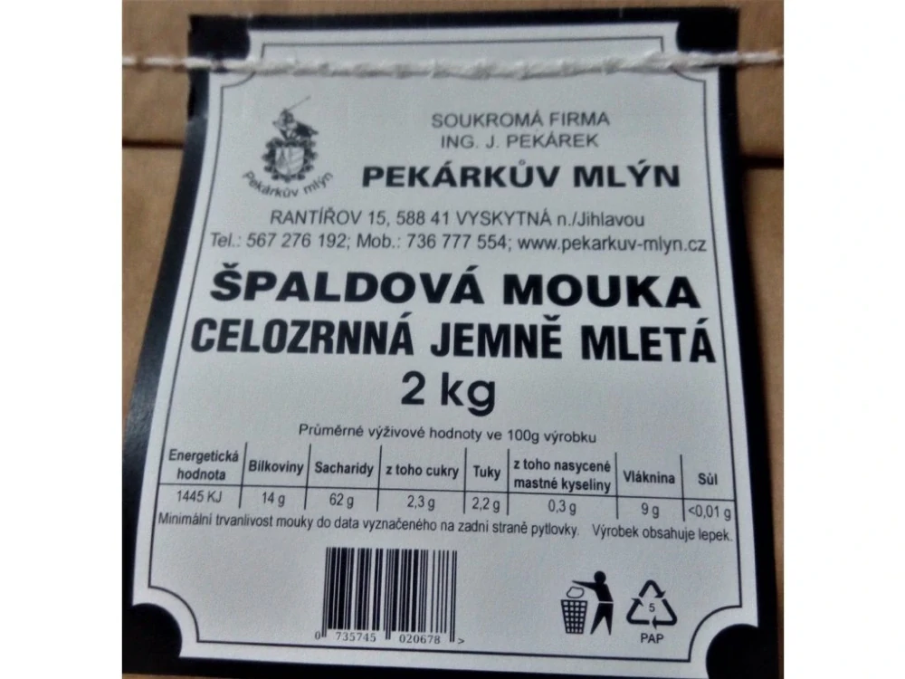 Pekárkova mouka špaldová celozrnná jemně mletá